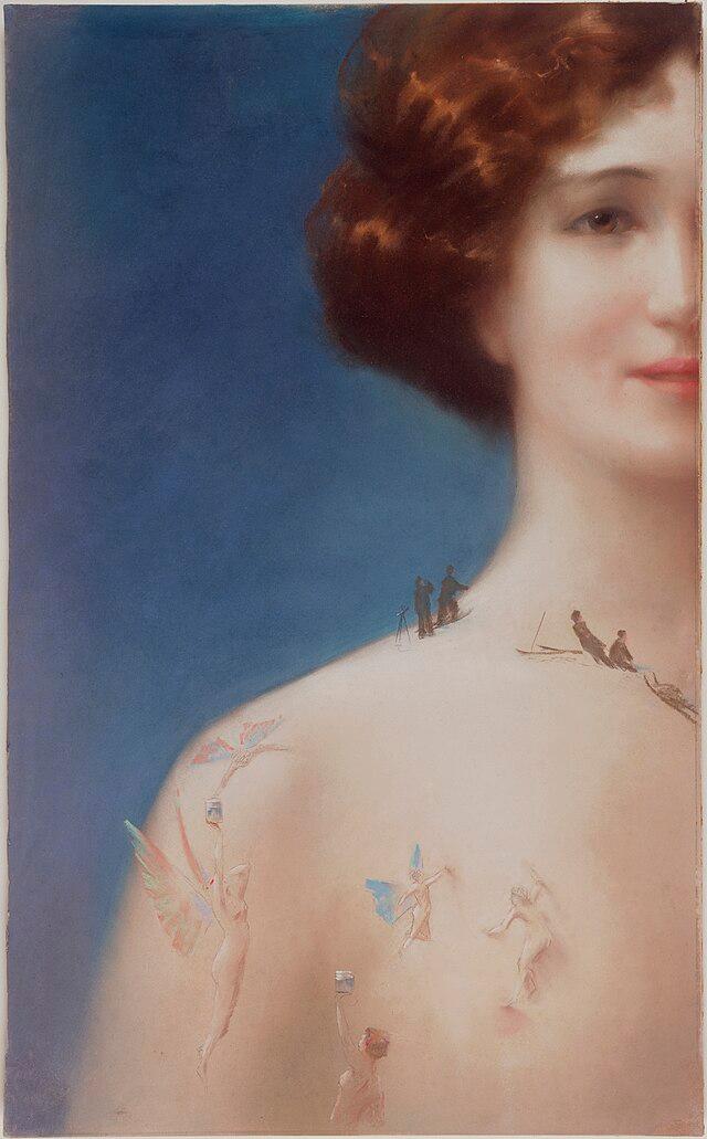 Hazeline Snow skincare product; Advertising showing a female with a set of skiers skiing around the neck and forming a necklace.